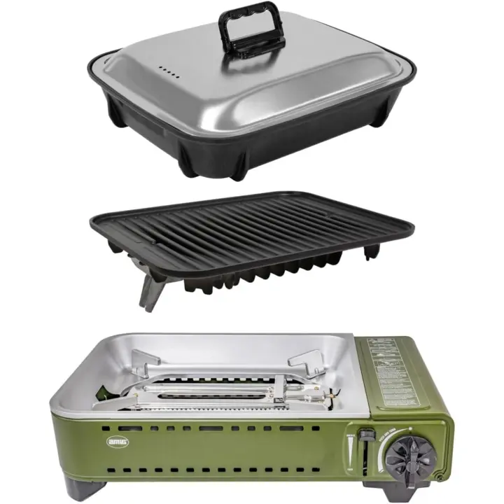 Cocina Portátil de Gas para Acampar Kit de Parrilla de Aluminio Fundido + Plancha con Tapa - 1