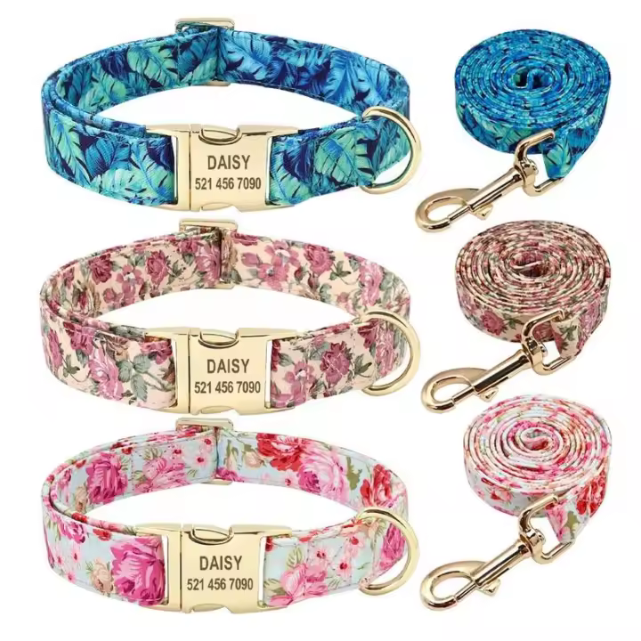 Conjunto Collar perro personalizado, collares nailon perro, correa caminar con estampado Floral mascotas, etiqueta de - 1