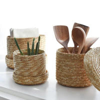 Caja de almacenamiento tejida de paja hecha a mano Circular con tapa, cesta de flores para aperitivos y cosméticos, organizador de maquillaje, 1 piezas - details 2