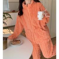 Conjunto De Pijamas De Dos Piezas Para Mujer, Conjunto De Top Y Pantalones De Manga Larga Con Cuello Levantado Texturizado De Jacquard Y Cremallera, Grueso Y Cálido, Otoño - details 11
