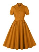 2025 nuevo Retro Turn Down Collar abotonada plisado sólido vestido de camisa de algodón de manga corta mujeres lisos Vintage vestidos hasta la rodilla - details 1