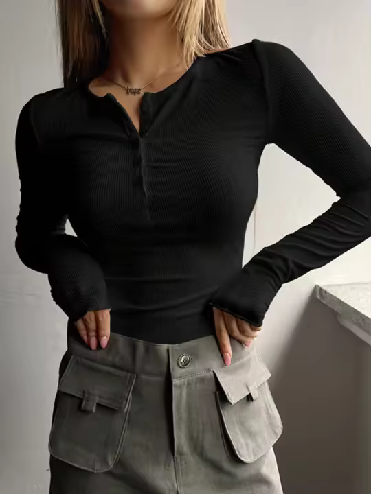 Camisetas de manga larga para mujer, Tops informales de punto, ropa de calle de moda Y2K, camiseta de Color sólido con botones, Tops acanalados - 1