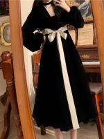 Vestido de terciopelo negro estilo francés Hepburn para mujer en otoño invierno, diseño corto y elegante y temperamento. Largo con cintura - details 2