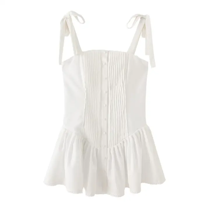 PB & ZA 2025, vestido con tirantes de color sólido con dobladillo plisado ancho, Falda corta, novedad de verano, vestido blanco pequeño para mujer - 1