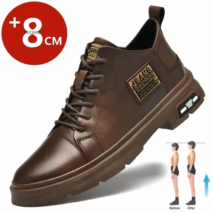 Zapatos de cuero genuino para hombre, cómodos zapatos informales con cordones, plantilla deportiva transpirable con 8 cm de altura - 1