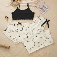 Conjunto De Pijamas De Verano En Seda Con Estampado De Moda Camisola Y Pantalones Largos Shorts Set Para Mujer Sin Mangas Cuello Spaghetti - details 4