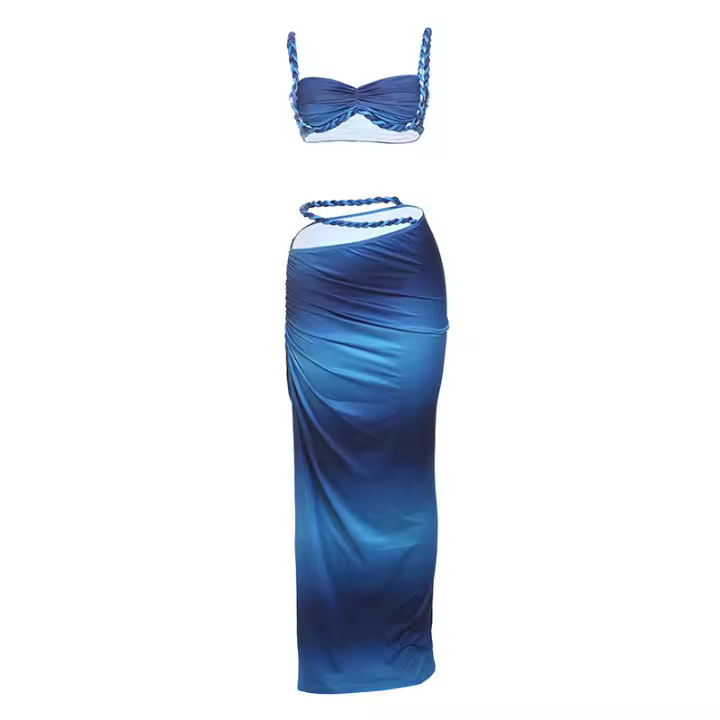 BUNO-Conjunto de 2 piezas de tejido para mujer, camisolas cortas plisadas lisas impresionantes + faldas largas de cintura alta, traje de vacaciones de tendencia femenina - 1