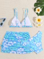 Conjunto de 3 Piezas de Bikinis para Adolescentes con Falda Cubierta, Traje de Baño con Estampado Floral para Niñas, Moda Hawaiana, Traje de Baño de Secado Rápido para la Playa, 13-16 Años - details 2