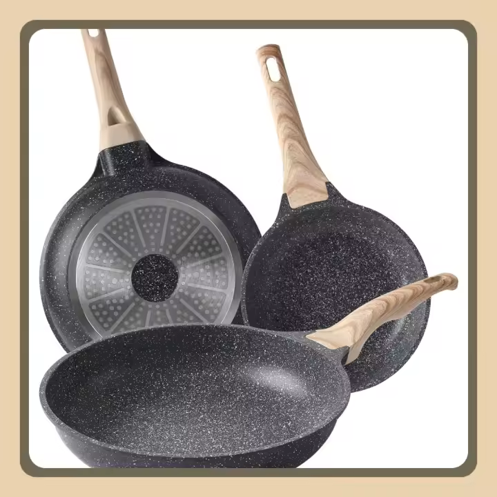 Sartén antiadherente |   Mejor revestimiento antiadherente de titanio suizo |   Utensilios de cocina 100% libre de PFOA |   Sartén de piedra (20+24+28cm) - 1