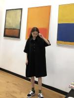 Vestido Polo de talla grande para mujer, camiseta de manga corta con cuello de camisa y longitud por debajo de la rodilla, color negro, cintura holgada coreana para verano - details 3