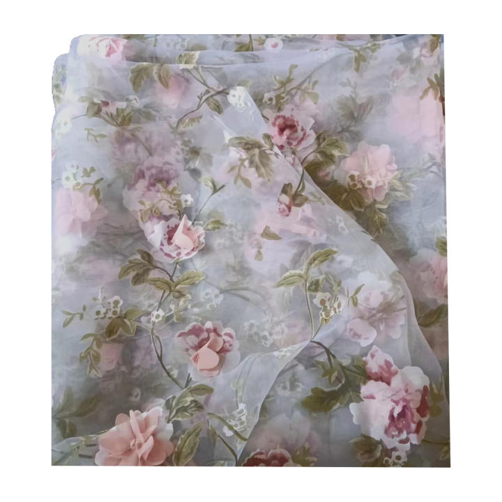 Tela de encaje bordado de Organza, falda de flores de gasa 3D, rosa y azul, Fondo de boda, tela decorativa
