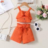 Verano nuevas niñas color sólido con tirantes plisados + conjunto de pantalones cortos con bolsa abierta - details 3