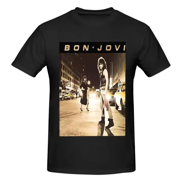 Camiseta de manga corta de algodón negro para hombre, camiseta de Bon Jovi - 1