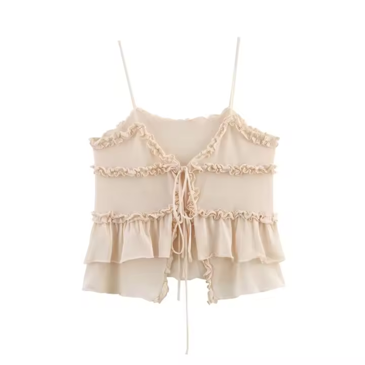 PB & ZA 2025 novedad de verano, top de punto con volantes franceses y cuello en V, ropa de mujer con tirantes dulces de temperamento simple - 1