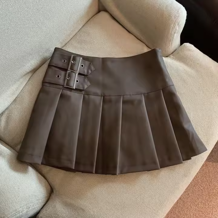 Minifaldas de cuero Pu para mujer, ropa de calle, Falda plisada de cintura alta, faldas acampanadas informales ajustadas negras coreanas Vintage - 1