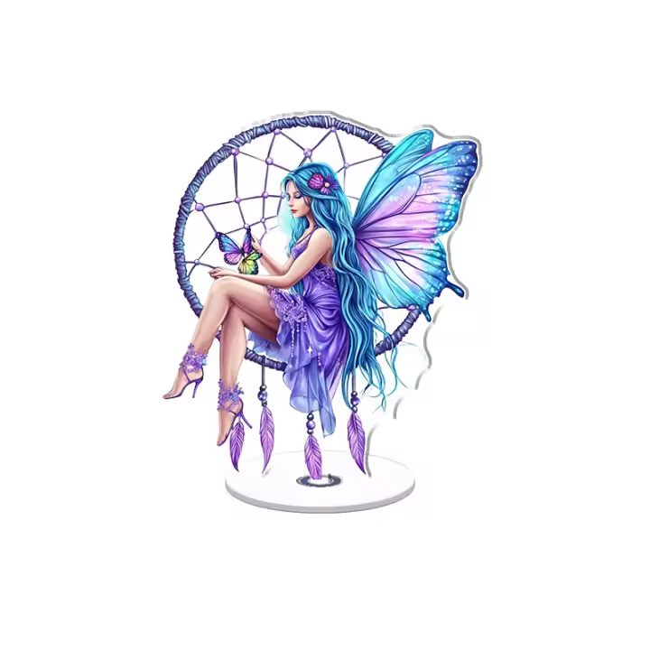 Adorno acrílico giratorio con una hermosa hada con el pelo azul con un vestido morado sentada en un atrapasueños sosteniendo una mariposa de colores - 1