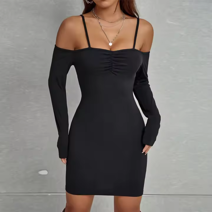 Vestido de manga larga con falda mini delgada sobre hombros - 1