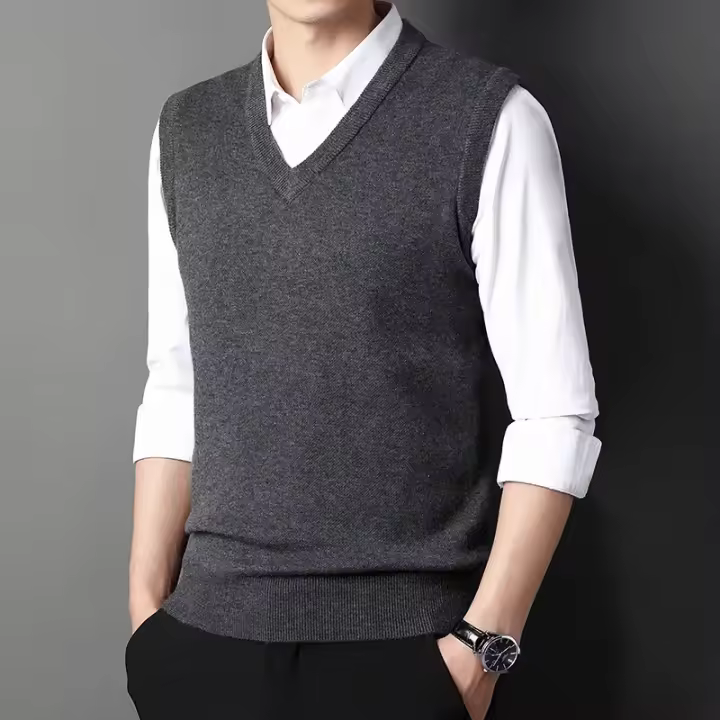 Chaleco tejido con cuello en V para hombre, suéter cálido informal a la moda, Top versátil, Color sólido, novedad de Otoño Invierno 2024 - 1