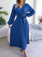 Vestido largo plisado de manga larga con cuello en V elegante para mujer - details 17