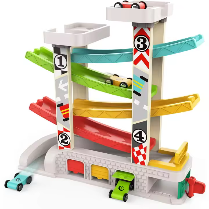 Excitat Juguete de Rampa para Coche para Niños Pequeños Pista de Carreras de Madera con 4 Coches y 3 Garajes - 1
