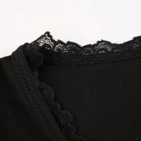 Camiseta corta negra con costuras de encaje Vintage para mujer, camiseta básica ajustada de manga larga, camiseta lisa informal - details 5