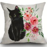 1 Funda De Cojín Cuadrada De Lino Y Algodón Con Diseño De Gato Negro Y Flores De Acuarela (18,0X18,0 pulgadas) - details 1