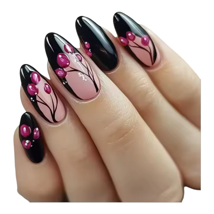 24 Piezas De Arte De Uñas Con Armadura Fondo Negro Misterioso Y Rosas Rosa Flores Flexibles Presión De Uñas Postizas Material RESIN - 1