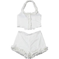 BUNO-Conjunto Casual de dos piezas con cuello cuadrado con volantes para mujer, camisetas sin espalda y pantalones cortos ajustados de estilo versátil - details 7