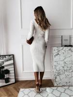 Vestido acanalado de manga larga con cuello en V para mujer, vestido ajustado de punto acanalado, largo d, de corte bajo, 2024 - details 10