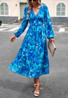 Vestido de manga larga con cuello en V estampado informal para vacaciones de otoño a la moda para mujer - details 11