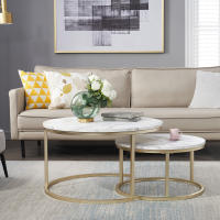 Mesa de centro con textura de mármol para sala de estar, 2 piezas, sofá lateral, mesa redonda de té, 2 en 1, combinación de muebles, Blanco dorado - details 4