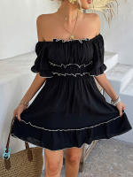 2025 primavera y verano estilo de vacaciones de ocio europeo y americano color sólido borde de hongo vestido de manga corta falda corta para mujer - details 4