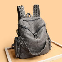 Mochila de piel sintética con decoración de remaches, bolso de hombro multifuncional con cremallera para viajes y compras - details 9