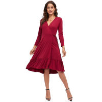 Vestido ajustado de manga larga con cuello en V y ribete de volantes, de color sólido y talla grande, para el trabajo, primavera 2025. - details 8