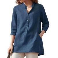 Elegante lino de algodón para mujer, informal con solapas, botones lisos, camisas holgadas de manga 3/4 para otoño e invierno, blusas tipo túnica - details 5