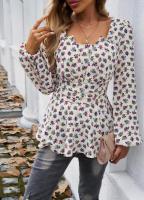 Top floral de manga larga para mujer, camiseta elegante con cuello cuadrado para ropa juvenil - details 1