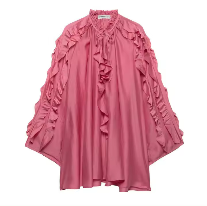 OUWU- Camiseta de vacaciones de manga larga de longitud media con volantes rosas, camisa grande con protección solar en capas transparente - 1