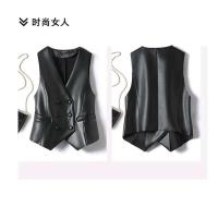 Chaleco negro de cuero PU suave para primavera y otoño, chaqueta elegante sin mangas, oficina con botones dobles, 2024 para mujer al aire libre - details 5