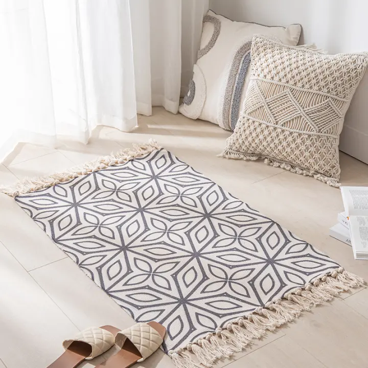 Alfombra de algodón con mechones de algodón,Lavable,Retro,para Pasillo,con borlas,Estilo Bohemio,marroquí,para salón,Dormitorio,Puerta de Entrada (Marrón Claro, 60 x 130 cm) - 1