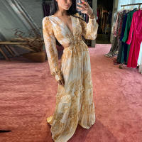 Falda larga para mujer, vestido con vuelo de cintura alta floral con cuello en V hueco para ir al trabajo, novedad de 2025 - details 6
