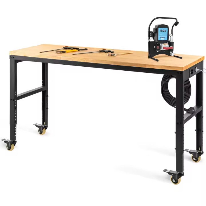 SucceBuy Banco de trabajo de altura ajustable, mesa de garaje con tomas de corriente, tapa de madera dura, estructura de metal, ruedas giratorias - 1