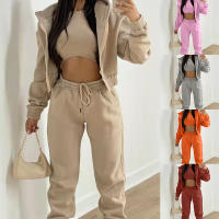 Conjunto de tres piezas para mujer, pantalones largos con sudadera con capucha de forro polar, conjunto deportivo, moderno, informal, de invierno, conjunto completo - details 2
