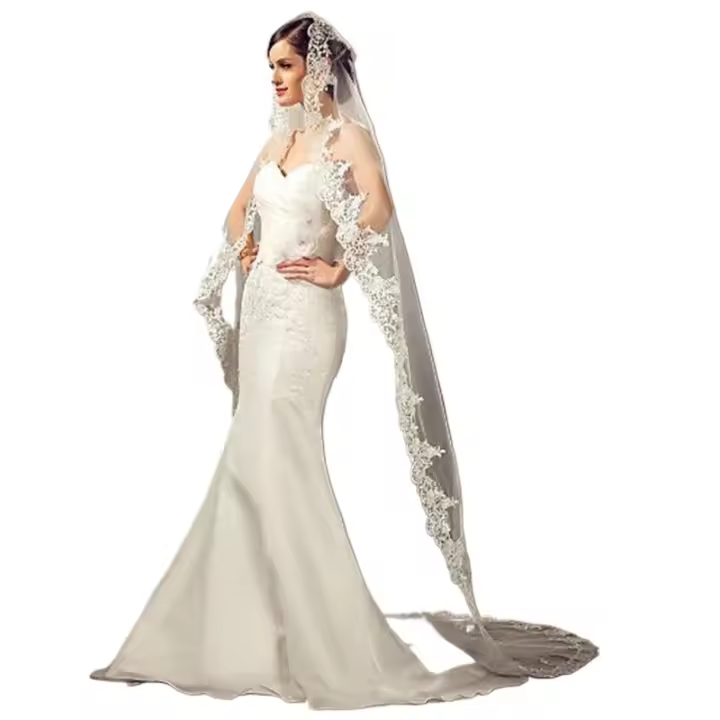 Velo de novia con borde de encaje, velo de novia largo y lujoso, velo blanco/Marfil con peine, catedral de tul de una capa, accesorio de novia de 3 metros - 1