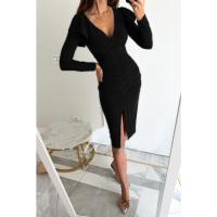Vestido de manga larga de Color sólido con abertura y cintura cerrada con temperamento y cuello en V de verano 2025 para mujer - details 19
