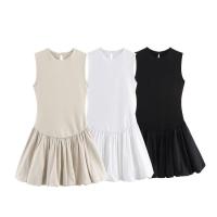 BUNO-Mini vestido de retazos de moda para mujer, cuello redondo, sin mangas, dobladillo abullonado, vestidos para mujer - details 1