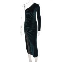 Vestido Bodycon De Veludo Elegante Para Mujer Con Abertura Lateral Manga Larga Para Fiesta Noche Primavera Otoño Vestido Midi Ajustado - details 17