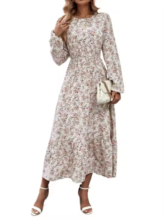 Elegante Vestido Maxi Floral Casual Cuello Redondo con Volantes Manga Larga - 1