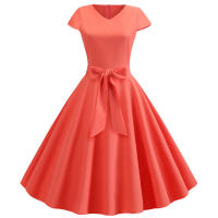 Women summer vintage with belt short sleeve v neck elegant retro swing party dresses - details 66