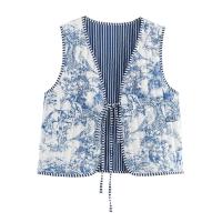 Ropa de otoño de 2024, mujer floral rosa, estampado de anacardo superior, chaleco vintage abotonado, chaleco acolchado para mujer con lazo frontal - details 18