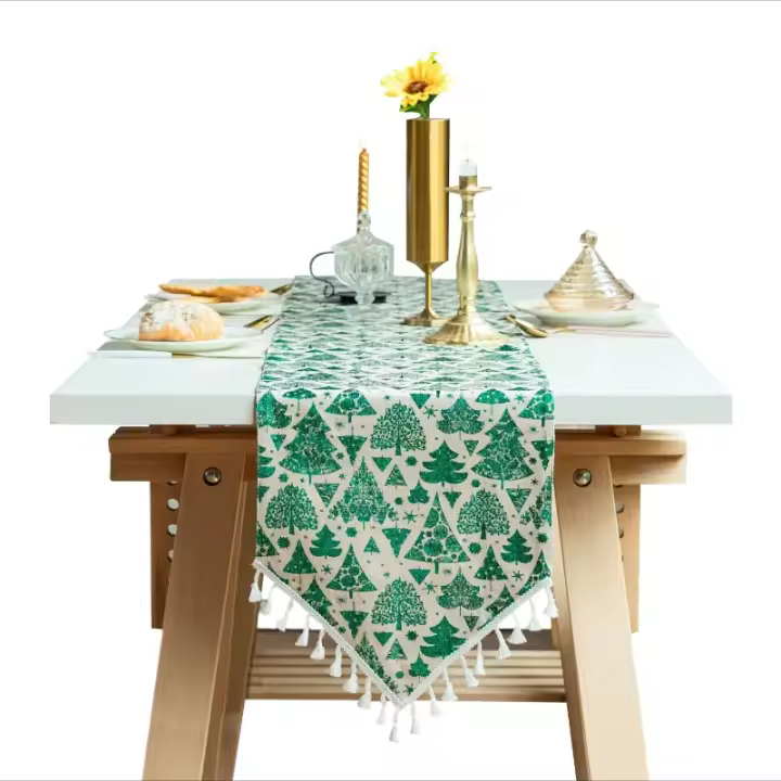 Mantel Individual Navideño con Borlas y Estampado Dorado - Tela de Algodón y Lino Ecológico para Decoración de Mesa (Estilo Rústico Premium) - 1